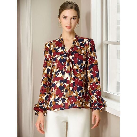 Floral Tie V Neck Blouse Chiffon Ruffle Trumpet Top Red - Picture 2 of 6